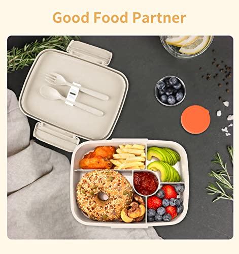 ANDMOON Bento Lunch Box with Kids/Adults, 5 Compartments Leakproof Lunch Container with Dressing Cup, Eco-Friendly Double Insulated Boxes, Dishwasher and Microwave Safe, BPA-Free (white)