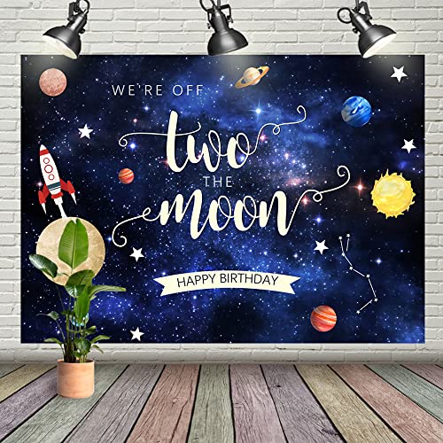 7x5ft Two The Moon 2nd Birthday Backdrop for Boy Kids Outer Space Rocket Astronaut Theme Background Night Sky Gold Hanging Stars Planet Galaxy Photo Photography Party Decoration Supplies