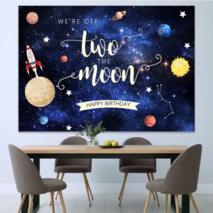 7x5ft Two The Moon 2nd Birthday Backdrop for Boy Kids Outer Space Rocket Astronaut Theme Background Night Sky Gold Hanging Stars Planet Galaxy Photo Photography Party Decoration Supplies