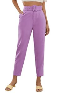 sweatyrocks women's high waist suit pants belted crop pencil pants with pockets lilac purple m