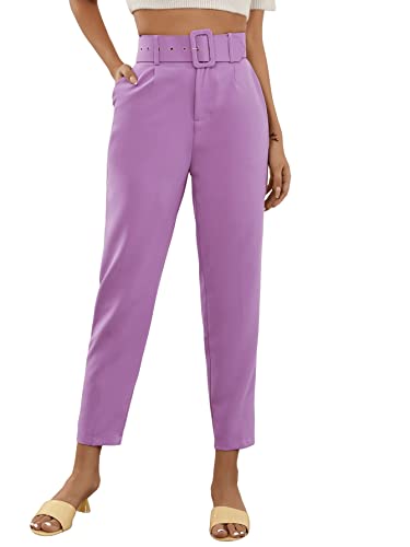 SweatyRocks Women's High Waist Suit Pants Belted Crop Pencil Pants with Pockets Lilac Purple M