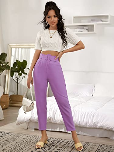 SweatyRocks Women's High Waist Suit Pants Belted Crop Pencil Pants with Pockets Lilac Purple M