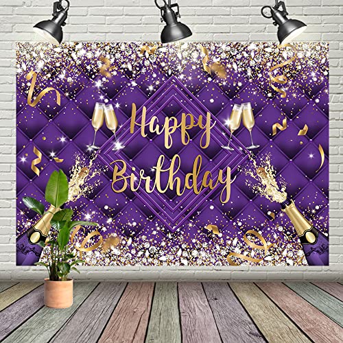 7x5ft Glitter Diamond Headboard Happy Birthday Backdrop Champagne Birthday Photography Background Purple Adult Happy Birthday Party Banner Supplies Photo Booth Props (DLH0D712UU)