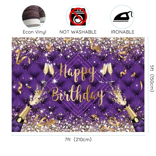 7x5ft Glitter Diamond Headboard Happy Birthday Backdrop Champagne Birthday Photography Background Purple Adult Happy Birthday Party Banner Supplies Photo Booth Props (DLH0D712UU)