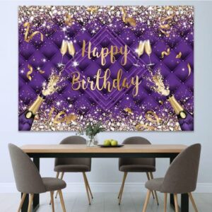 7x5ft Glitter Diamond Headboard Happy Birthday Backdrop Champagne Birthday Photography Background Purple Adult Happy Birthday Party Banner Supplies Photo Booth Props (DLH0D712UU)