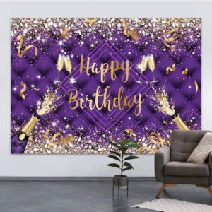 7x5ft Glitter Diamond Headboard Happy Birthday Backdrop Champagne Birthday Photography Background Purple Adult Happy Birthday Party Banner Supplies Photo Booth Props (DLH0D712UU)