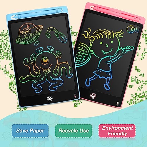 2 Pack LCD Writing Tablet, 8.5 Inch Writing Tablet for Kids, Colorful Screen Doodle Board, Erasable and Reusable Digital Drawing Tablet, Learning Educational Toys for Girls Boys, Blue+Pink