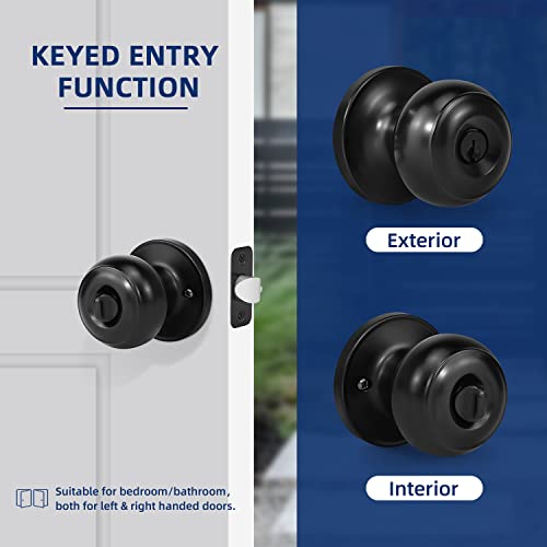 LOQRON Keyed Entry Door Knob for Entrance, Front Doorknob with Lock and Key for Exterior & Interior Right and Left Side Bedroom, Living Room, Matte Black,1 Pack