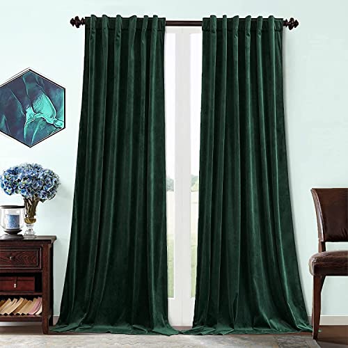 Benedeco Dark Green Velvet Curtains for Bedroom Window with Back Tab, Super Soft Vintage Luxury Heavy Drapes, Room Darkening Thermal Insulated Curtain for Living Room, W52 by L108 inches, 2 Panels