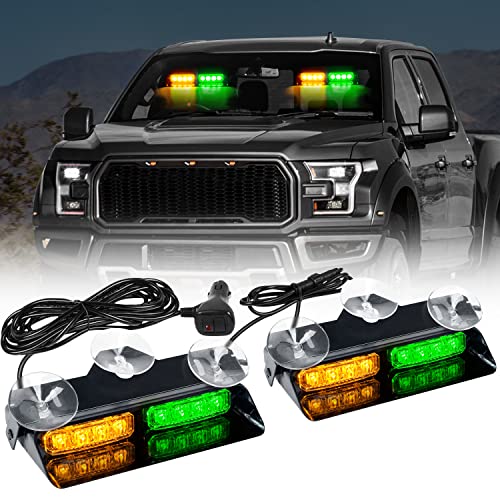 ASPL 2 in 1 Dash Emergency Strobe Lights 2x7.2 Inch 16LED Interior Front/Rear Windshield Safety Deck Split Light Bar Hazard Flashing Warning Traffic Lights For Trucks Vehicles Cars(Amber/Green)