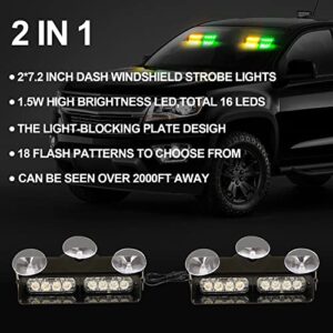 ASPL 2 in 1 Dash Emergency Strobe Lights 2x7.2 Inch 16LED Interior Front/Rear Windshield Safety Deck Split Light Bar Hazard Flashing Warning Traffic Lights For Trucks Vehicles Cars(Amber/Green)