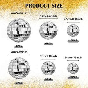 45 PCS 0.79 Inch 0.98 Inch 1.18 Inch 1.57 Inch 1.97 Inch 2.36 Inch Disco Ball Cake Decoration Ornaments Reflective Mirror Ball Cake Decoration 70s Disco Themed Party Christmas Tree Decoration