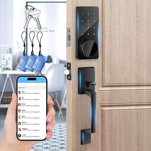 4 in 1 Smart Front Door Lock Set, Keyless Entry Door Lock with Handle, Touchscreen Keypad Deadbolt, Works with App, Auto-Lock, Code Door Lock, Easy Installation