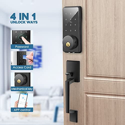 4 in 1 Smart Front Door Lock Set, Keyless Entry Door Lock with Handle, Touchscreen Keypad Deadbolt, Works with App, Auto-Lock, Code Door Lock, Easy Installation