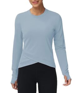 women's long sleeve compression shirts workout tops cross hem athletic running yoga t-shirts with thumb hole denim blue