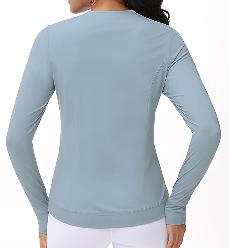 Women's Long Sleeve Compression Shirts Workout Tops Cross Hem Athletic Running Yoga T-Shirts with Thumb Hole Denim Blue