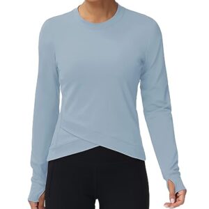 Women's Long Sleeve Compression Shirts Workout Tops Cross Hem Athletic Running Yoga T-Shirts with Thumb Hole Denim Blue