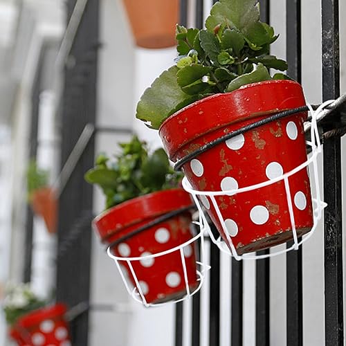 defutay Hanging Railing Planters, 4 Pack Round Flower Pot Holders,Metal Pot Plant Baskets for Balcony,Garden,Indoor & Outdoor(White,4 PCS)