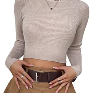 SOLY HUX Women's Fitted Ribbed Crewneck Long Sleeve Crop Tops Tee Shirts Solid Mocha Brown L