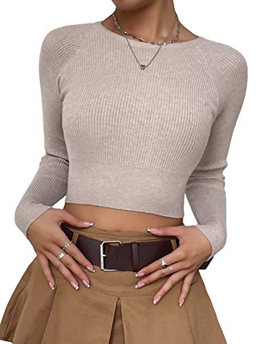 SOLY HUX Women's Fitted Ribbed Crewneck Long Sleeve Crop Tops Tee Shirts Solid Mocha Brown L