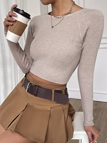 SOLY HUX Women's Fitted Ribbed Crewneck Long Sleeve Crop Tops Tee Shirts Solid Mocha Brown L