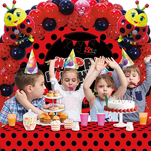 Vlipoeasn 69 Pcs Ladybug Theme Suit Birthday Party Decor Red Black Polka Dots Balloons Garland Arch Ladybug Balloons Tablecloth Banner Birthday Party Supplies Decorations