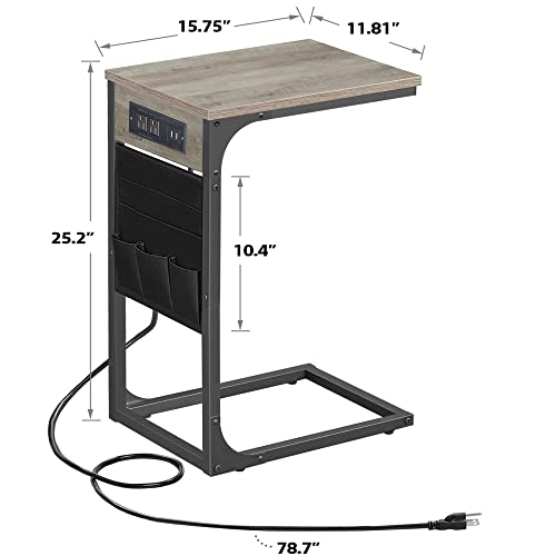 Slim End Table with Charging Station, Side Table with 2 USB Ports and Outlets, C-Shaped Snack Table with Cloth Bag, TV Tray Table, Couch Table TB01BG024