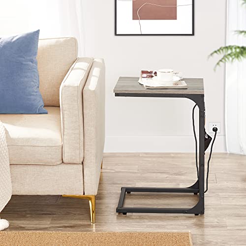 Slim End Table with Charging Station, Side Table with 2 USB Ports and Outlets, C-Shaped Snack Table with Cloth Bag, TV Tray Table, Couch Table TB01BG024