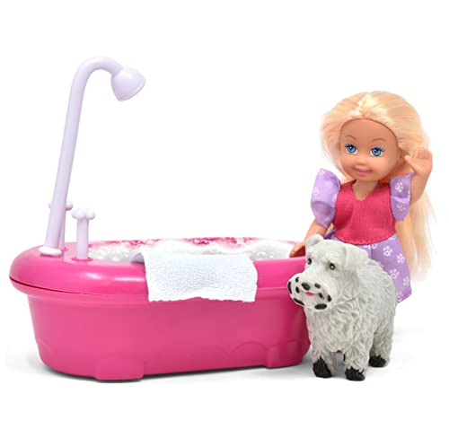 Gift Boutique 4.5 Inch Mini Small Doll with Bathtub Toy Set, Miniature Fashion Doll with Blond Hair and Little Puppy for Toddlers Kids Girls Age 3 4 5 6 7 8 Year Old