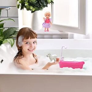 Gift Boutique 4.5 Inch Mini Small Doll with Bathtub Toy Set, Miniature Fashion Doll with Blond Hair and Little Puppy for Toddlers Kids Girls Age 3 4 5 6 7 8 Year Old