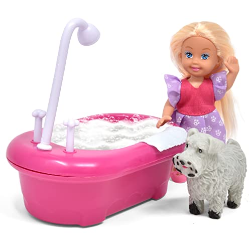 Gift Boutique 4.5 Inch Mini Small Doll with Bathtub Toy Set, Miniature Fashion Doll with Blond Hair and Little Puppy for Toddlers Kids Girls Age 3 4 5 6 7 8 Year Old
