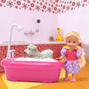 Gift Boutique 4.5 Inch Mini Small Doll with Bathtub Toy Set, Miniature Fashion Doll with Blond Hair and Little Puppy for Toddlers Kids Girls Age 3 4 5 6 7 8 Year Old