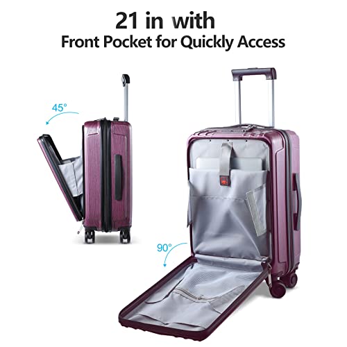 TydeCkare Luggage Set 3 Piece 21/24/28, 21" carry on with Front Pocket & 24/28" with Expandable, ABS+PC Suitcase with 4 Silent Wheels, TSA, YKK, Rose Red