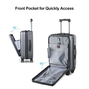 TydeCkare Carry on Luggage 21 Inch with Front Pocket, ABS+PC Hardshell Suitcase with Dual Control TSA Lock, YKK Zipper, 4 Spinner Silent Wheels, Silver Grey