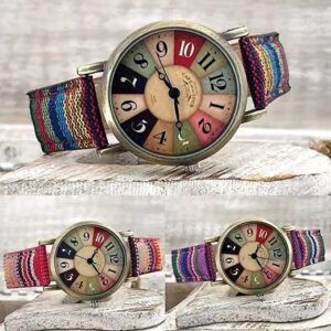 LUKYBIRDS Multi Color Rainbow Pattern Watches,Quirky Boho Hippie Watch, Wonderful Watches Gift for Women,PU Leather Woven Strap Watches