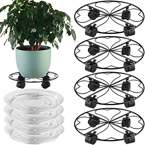 4 Packs Metal Plant Caddy with Wheels 12” Heavy-Duty Wrought Iron Rolling Plant Stands with Casters Indoor and Outdoor Plant Pot Roller Base Plant Movers Saucers with Wheels, Glossy Black