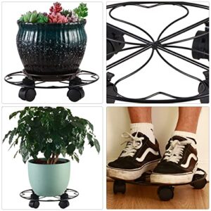 4 Packs Metal Plant Caddy with Wheels 12” Heavy-Duty Wrought Iron Rolling Plant Stands with Casters Indoor and Outdoor Plant Pot Roller Base Plant Movers Saucers with Wheels, Glossy Black