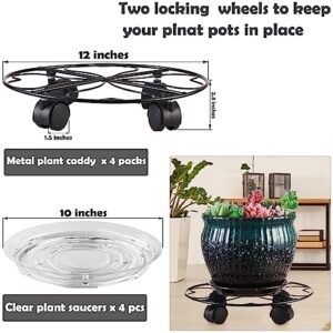 4 Packs Metal Plant Caddy with Wheels 12” Heavy-Duty Wrought Iron Rolling Plant Stands with Casters Indoor and Outdoor Plant Pot Roller Base Plant Movers Saucers with Wheels, Glossy Black