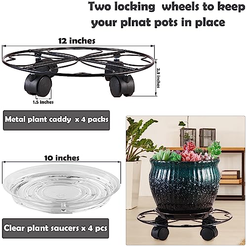 4 Packs Metal Plant Caddy with Wheels 12” Heavy-Duty Wrought Iron Rolling Plant Stands with Casters Indoor and Outdoor Plant Pot Roller Base Plant Movers Saucers with Wheels, Glossy Black