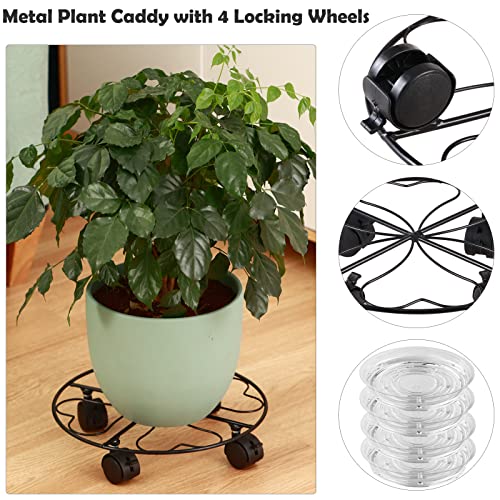 4 Packs Metal Plant Caddy with Wheels 12” Heavy-Duty Wrought Iron Rolling Plant Stands with Casters Indoor and Outdoor Plant Pot Roller Base Plant Movers Saucers with Wheels, Glossy Black