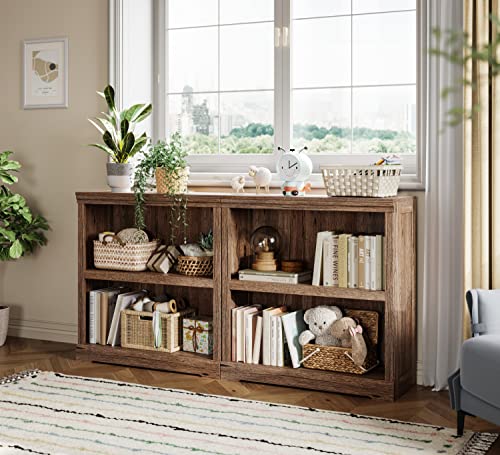 LINSY HOME 2-Tier Bookcase Display Storage Shelves Farmhouse Bookshelf for Home Office, Living Room, Bed Room - Dark Brown