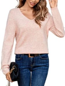 berthmeer women's wool v neck wool sweater long sleeve pullover loose jumper winter knitwear peach pink