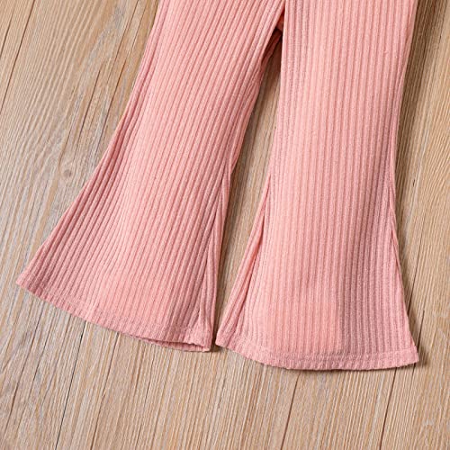 PATPAT Toddler Girl Ribbed Bell Bottom Flare Pants Solid Color Casual Elastic Waist Wide Leggings Trousers 2 Years Apricot