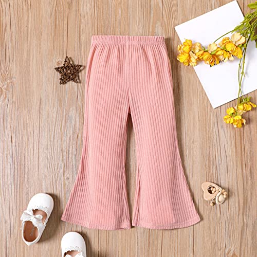 PATPAT Toddler Girl Ribbed Bell Bottom Flare Pants Solid Color Casual Elastic Waist Wide Leggings Trousers 2 Years Apricot