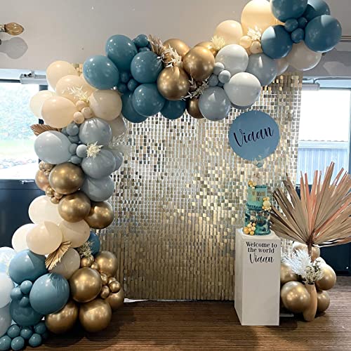 Beaumode Blue Slate Gold Balloon Garland Arch Kit Different Sizes 5/10/18 inch Balloons for Boys Baby Shower Birthday Christening Baptism Bridal Shower Anniversary Party Decorations (Blue Slate Gold)