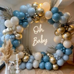 Beaumode Blue Slate Gold Balloon Garland Arch Kit Different Sizes 5/10/18 inch Balloons for Boys Baby Shower Birthday Christening Baptism Bridal Shower Anniversary Party Decorations (Blue Slate Gold)