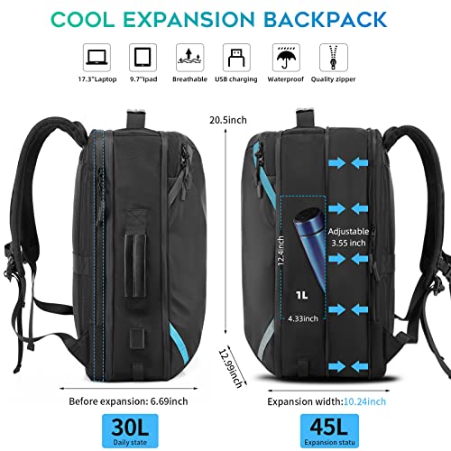 TANGCORLE Travel Carry on Backpack, Extra Large Expandable 45L Backpack for Flight approved, 17.3" Laptop with USB Charging Port Backpacks, Water Resistant Computer Business Backpack for Men & Women