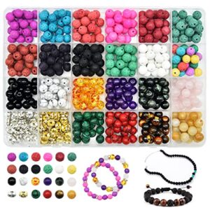 kother 580pcs nature stone beads for jewelry making, 8mm diy crystal beads bracelet making kit healing chakra beads with 22 color lava beads and gemstone beads suitable for beginners
