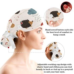 Hedgehogs Acorns Maple Leaves Mushroom Adjustable Working Cap with Buttons/Bow Hair Scrunchy with Sweatband Washable