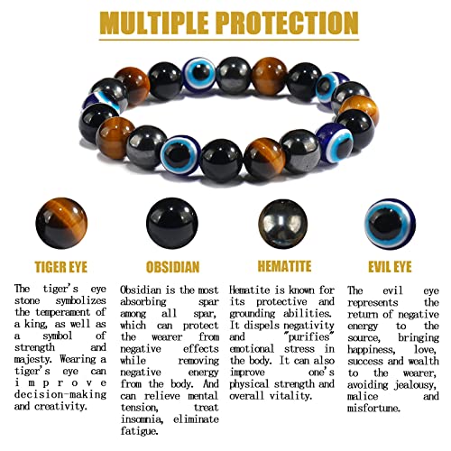 mens beaded bracelets（evil eye, tigers eye,hematite, obsidian）A handmade beaded crystal healing bracelet that can bring luck, happiness and protection(10mm elastic)